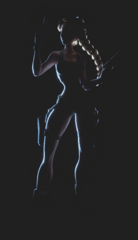 Lara Croft character artwork by Anima Lunae, lit against a dark background