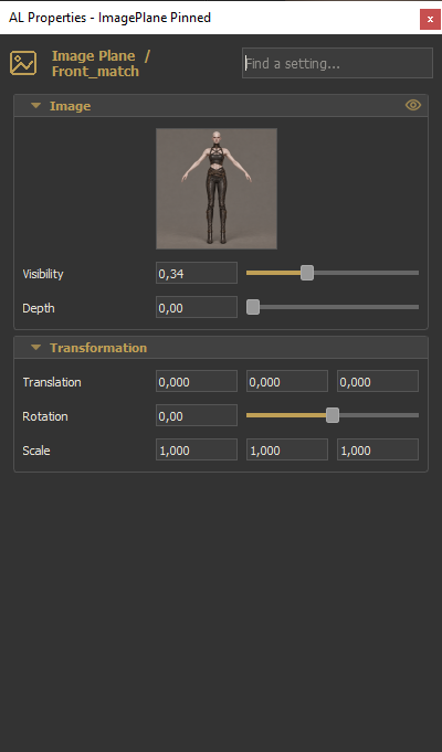 Pinned Image Plane Properties window with reference preview and image and transform controls